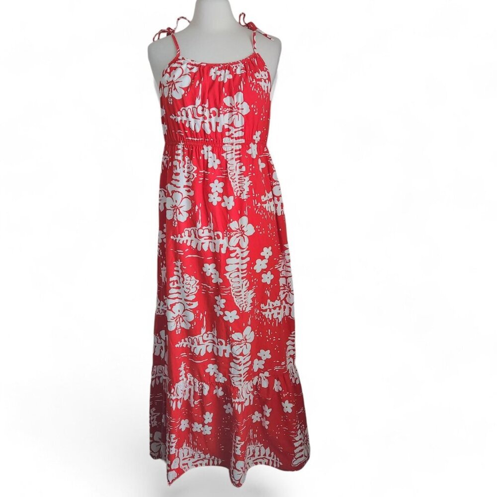 Vintage‎ 1960s Ui-Maikai Royal Hawaiian Maxi Sun Dress Sz L Red & White Hibiscus